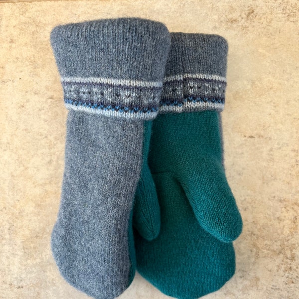 Cozy Sweater Mittens - Medium - from Recycled Sweaters - Wool - Blue Gray & Teal - Pattern - for Her - Repurposed - Sweater Gloves -Upcycled