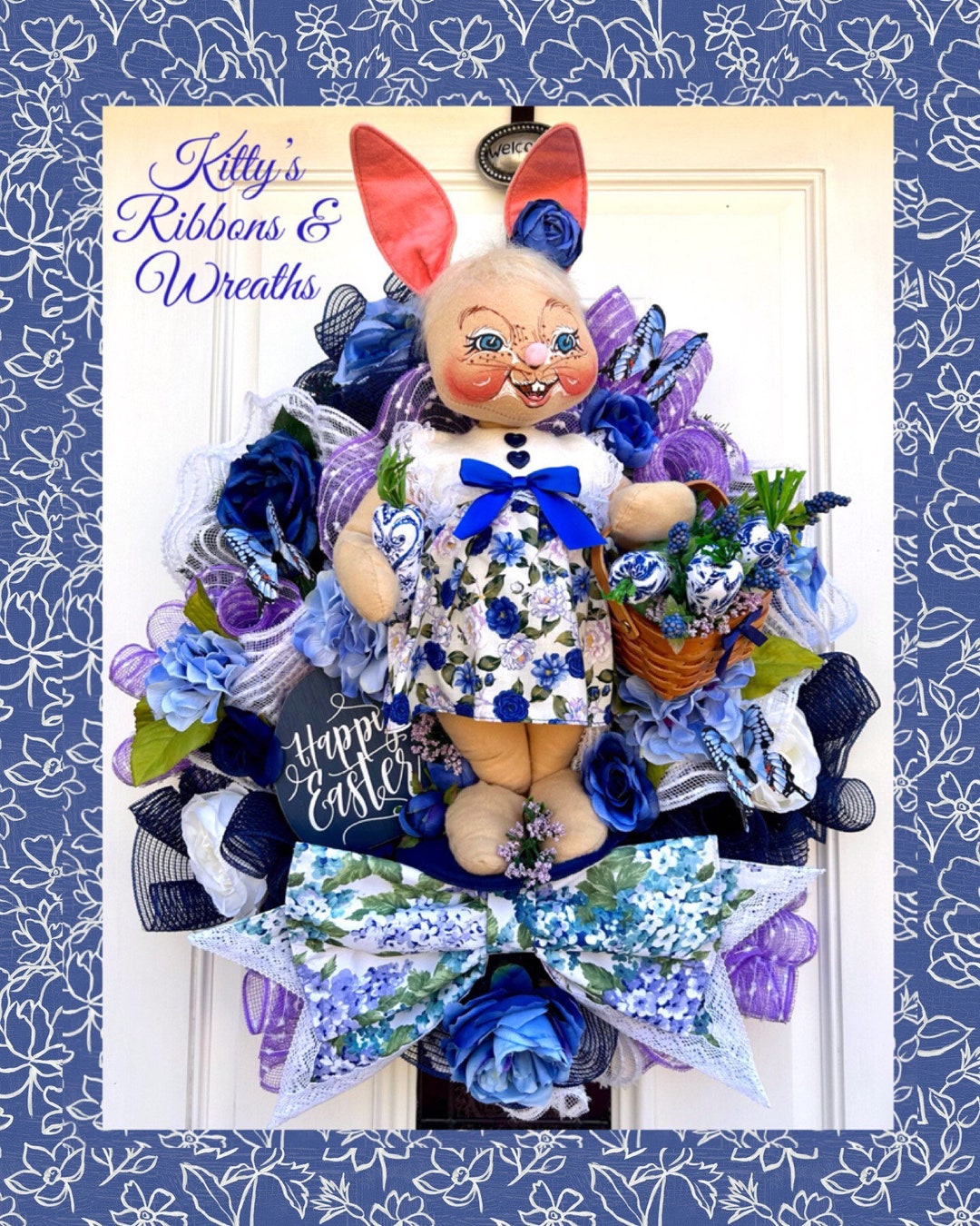 Blue and White Easter Wreath, Blue and White Easter Decor, Annalee