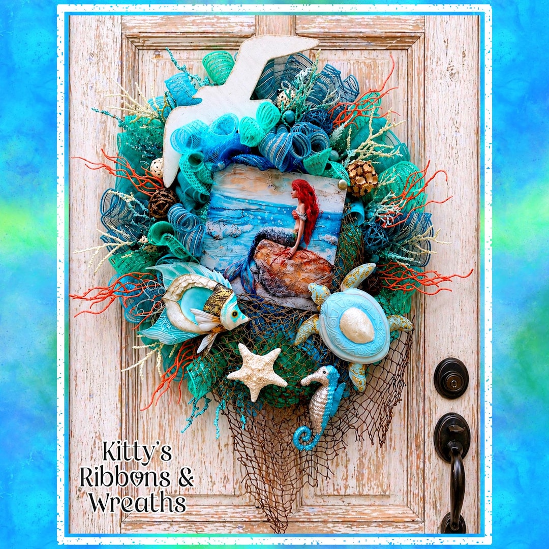 Mermaid Beach Wreath, Coastal Front Door Decor, Beach Condo Decor ...
