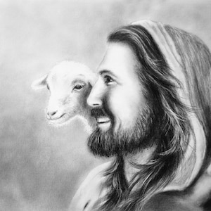 The Good Shepherd drawing poster, Jesus Christ painting, Jesus holding sheep wall art, Jesus Christ wall art, The Good Shepherd wall art