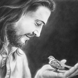 Jesus and the sparrow drawing poster, Jesus portrait print, Christ portrait wall art, Jesus wall art, Christ wall decor, Jesus drawing print