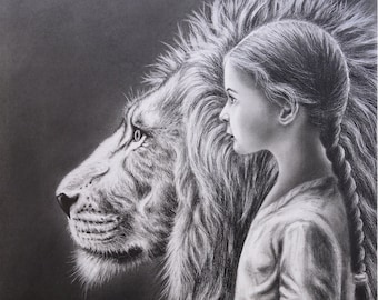 May include: A black and white drawing of a woman standing next to a lion. The woman is looking at the lion, and the lion is looking at the viewer. The text "The Lord is on my side; I will not fear: what can man do unto me? Psalm 118:6" is written below the image.