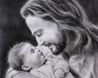 Jezus met babytekeningposter, regenboogbaby, miskraam, babyverlies, cadeau zwangerschapsverlies, verlies baby, doodgeboren cadeau, cadeau sterfgeval
