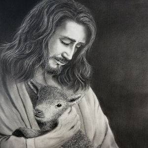 The Good Shepherd painting poster, Jesus Christ painting, Jesus holding sheep wall art, Jesus Christ wall art, The Good Shepherd wall art