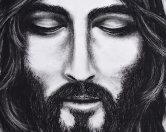May include: A black and white charcoal drawing of a man with long hair and a beard. His eyes are closed and he has a serene expression.