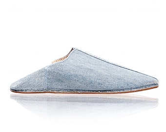 Handmade Denim Babouche Slippers: Light Blue Moroccan Leather Slides