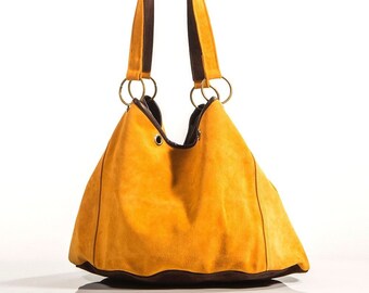 Two-Tone Suede Shoulder Bag: Vintage Style Goatskin Tote