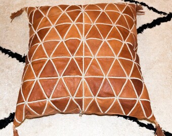 Leather Pouf Cover: Handmade Stitched Moroccan Pillow with Tassel (30x30x12 inch)