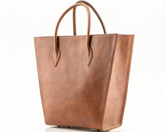 Handmade Leather Tote Bag: Large Book Bag with Pocket