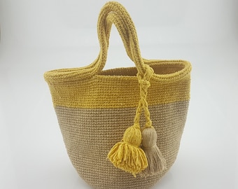 Handmade Moroccan Crochet Hemp Tote Bag: Boho Chic Tassel Design