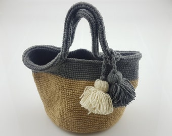 Crocheted hemp Tote Bag with tassel-Grey and beige,Handbag Tote Beach Market Purse Tassel,Moroccan craft Style.