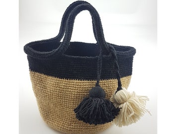 Crocheted hemp Tote Bag with tassel-Black and beige,Handbag Tote Beach Market Purse Tassel,Moroccan craft Style.