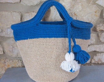 Handmade Moroccan Crochet Hemp Tote Bag: Blue Beige Tassel