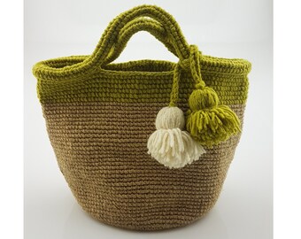 Handmade Moroccan Crochet Hemp Tote Bag: Boho Tassel Market Bag