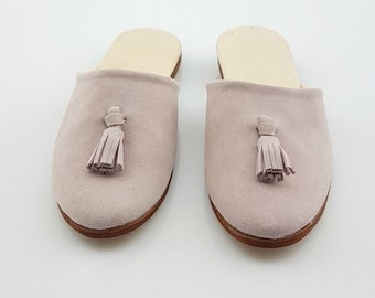 Light Purple Leather Moroccan Slippers: Women's Handmade Babo Mules