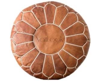 Set of 2 Tan Leather Pouf Ottomans: Moroccan Decor (UNSTUFFED 20x20x12in)