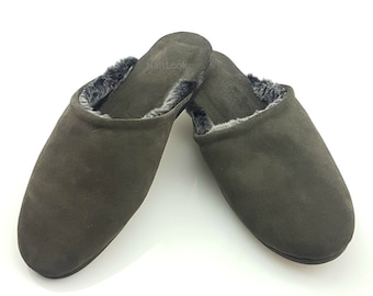Handmade Moroccan Leather Slippers: Dark Gray Shearling-Lined Babouche