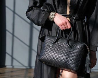 Handwoven Black Calf Leather Tote Bag: Moroccan Travel Shoulder Bag