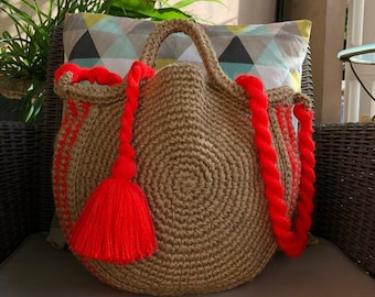 Handmade Moroccan Hemp Crochet Tote Bag: Red Tassel, Boho Market Purse