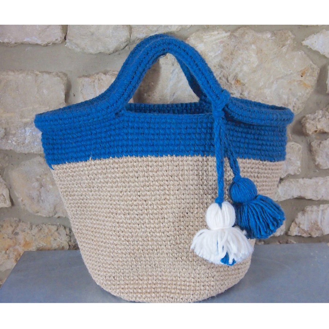 Crocheted Hemp Tote Bag With Tasselblue and Beigehandbag Etsy