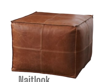 Handmade Moroccan Leather Pouf: Square Ottoman Footstool