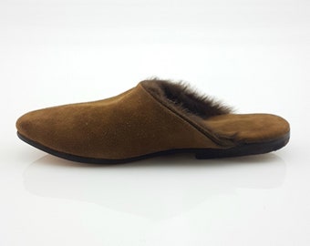 Handmade Moroccan Leather Slippers: Dark Army Green Fur Lined