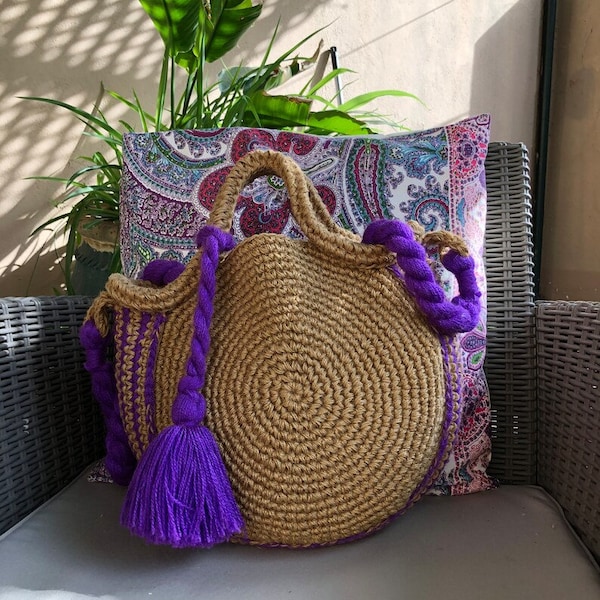 Sac fourre-tout en chanvre au crochet avec pompon violet, sac à main Tote Beach Market Purse Tassel, style artisanal marocain