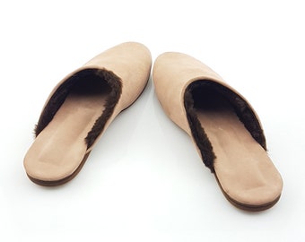 Handmade Moroccan Leather Slippers: Ivory Fur-Lined Mules