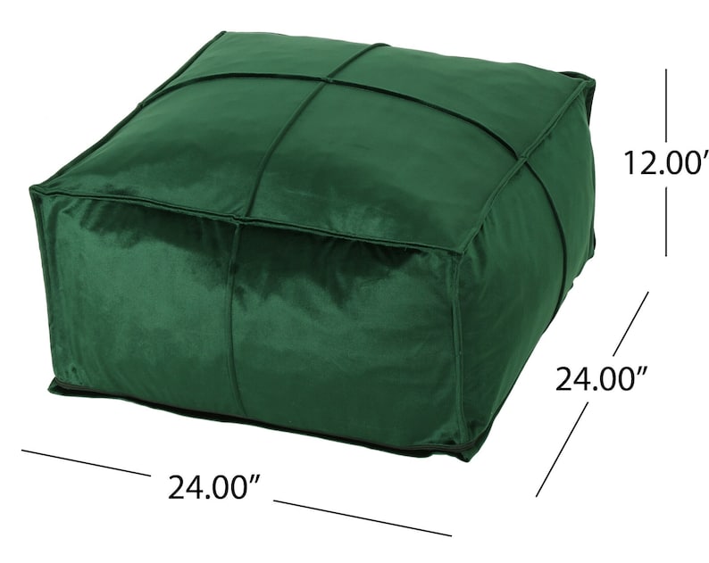 May include: A square green velvet ottoman with a tufted design. The ottoman measures 24 inches by 24 inches by 12 inches.