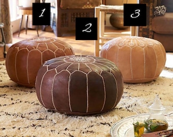 Tan Leather Moroccan Pouf Ottoman: Round Footstool, UNSTUFFED (20x20x12in)