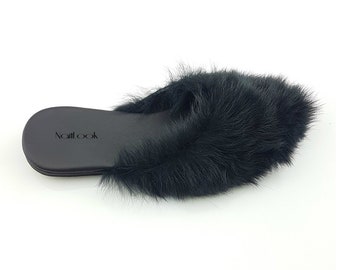 Handmade Black Furry Leather Slippers: Moroccan Mules