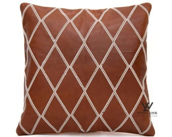 Cognac Leather Pillow Cover: Camel Stitch, Decorative Cushion (20x20 Inches)