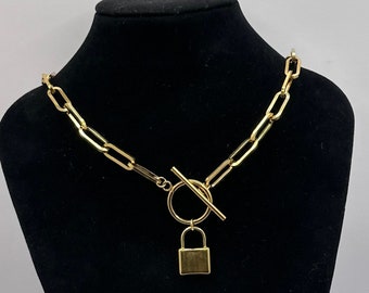 Gros collier cadenas, collier cadenas à bascule, collier chaîne en or, collier grosse chaîne, collier ras de cou, collier cadenas amour