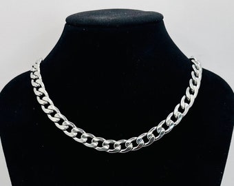 Chunky Mens 10mm Silver Curb Chain Necklace, Women Thick Choker Necklace, Stainless Steel Chain Necklace, Men Chain Necklace