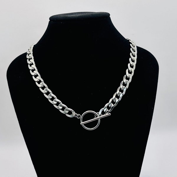 10mm Chunky Silver Curb, Toggle Curb Chain Necklace, T-Bar Chain Link Necklace, Statement Link Chain Necklace, Stackable Layering Necklace