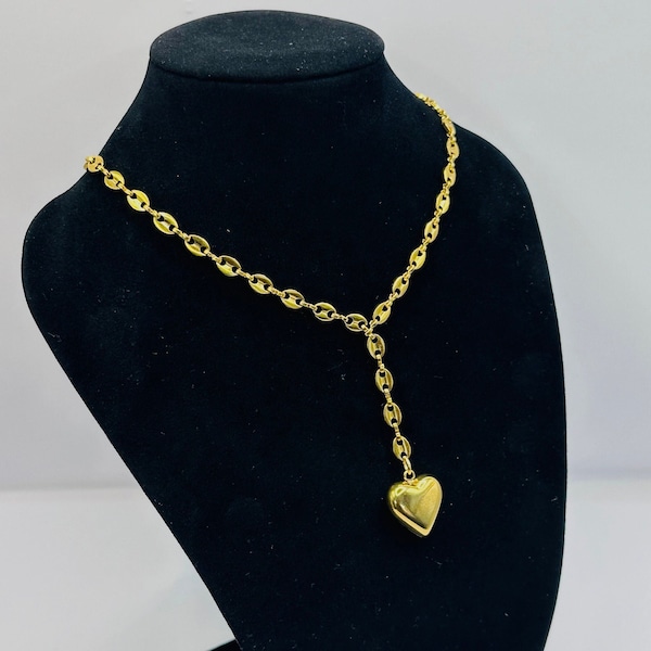 Coffee Bean Gold Plated Lariat Necklace, Lariat Heart Necklace, Y Chain Necklace, Heart Pendant Necklace, Heart Charm, Lariat Choker