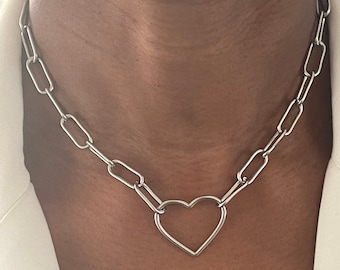 Silver Heart Chain Necklace, PaperClip Chain Necklace, Rock Style Necklace, Chunky Chain Necklace, Heart Pendant Charm, Choker Necklace