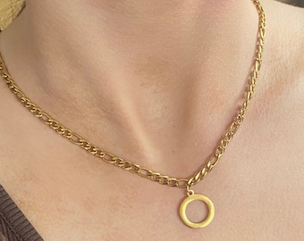 Collier en or avec pendentif cercle, collier chaîne Figaro, collier rond, collier ras du cou pour femme, collier chaîne audacieuse