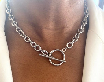 Silver Toggle Bar Chunky Choker Necklace, Chunky T-Bar Chain Link Necklace, Statement Link Chain Women Necklace, Layering Necklace