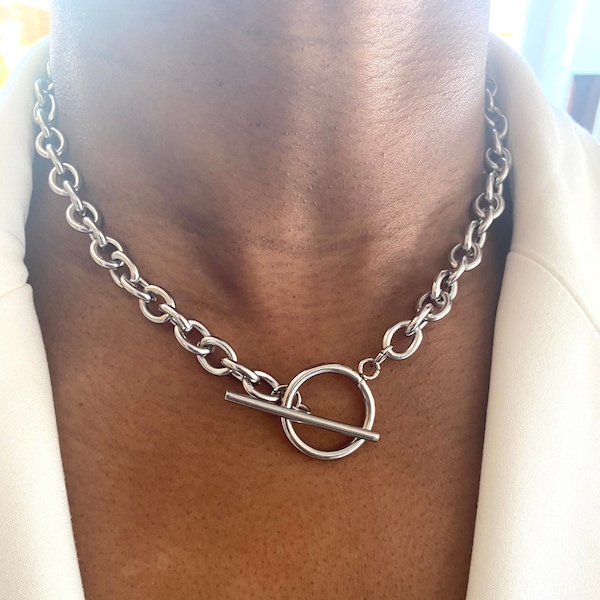 Silver Toggle Bar Chunky Choker Necklace, Chunky T-Bar Chain Link Necklace, Statement Link Chain Women Necklace, Layering Necklace