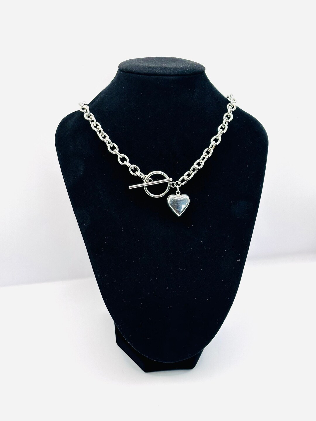 Toggle Heart Chain Necklace, Chunky T Bar Heart Chain Necklace, Toggle