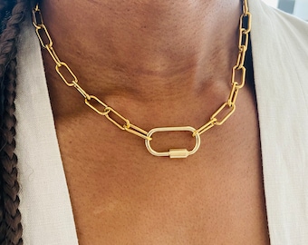 Paperclip Chain Carabiner Choker Necklace, Gold Chunky Statement Necklace, Big Gold Silver Chain Necklace for Women, Buckle Necklace