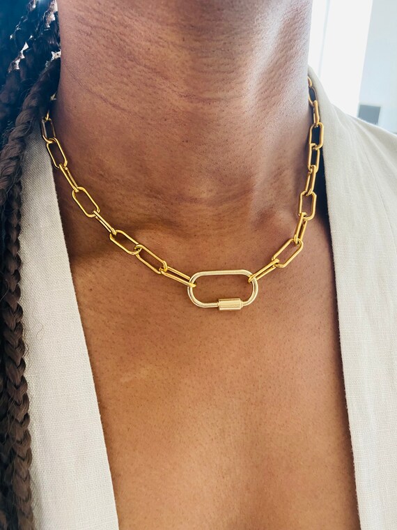 Paperclip Chain Carabiner Choker Necklace, Gold Chunky Statement Necklace, Big Gold Silver Chain Necklace for Women, Buckle Necklace