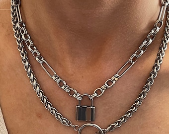 Silver Chunky Toggle Chain Necklace, Padlock Necklace, Women Braided Necklace, Stainless Steel Men Chain Necklace