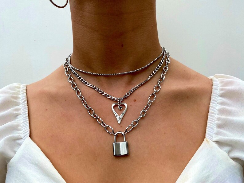 Layered Chain Necklace Padlock Charm Necklace Heart Charm Etsy UK