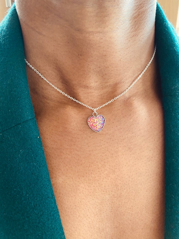 Heart Charm Choker Necklace Silver Chain Necklace Crystal Etsy UK