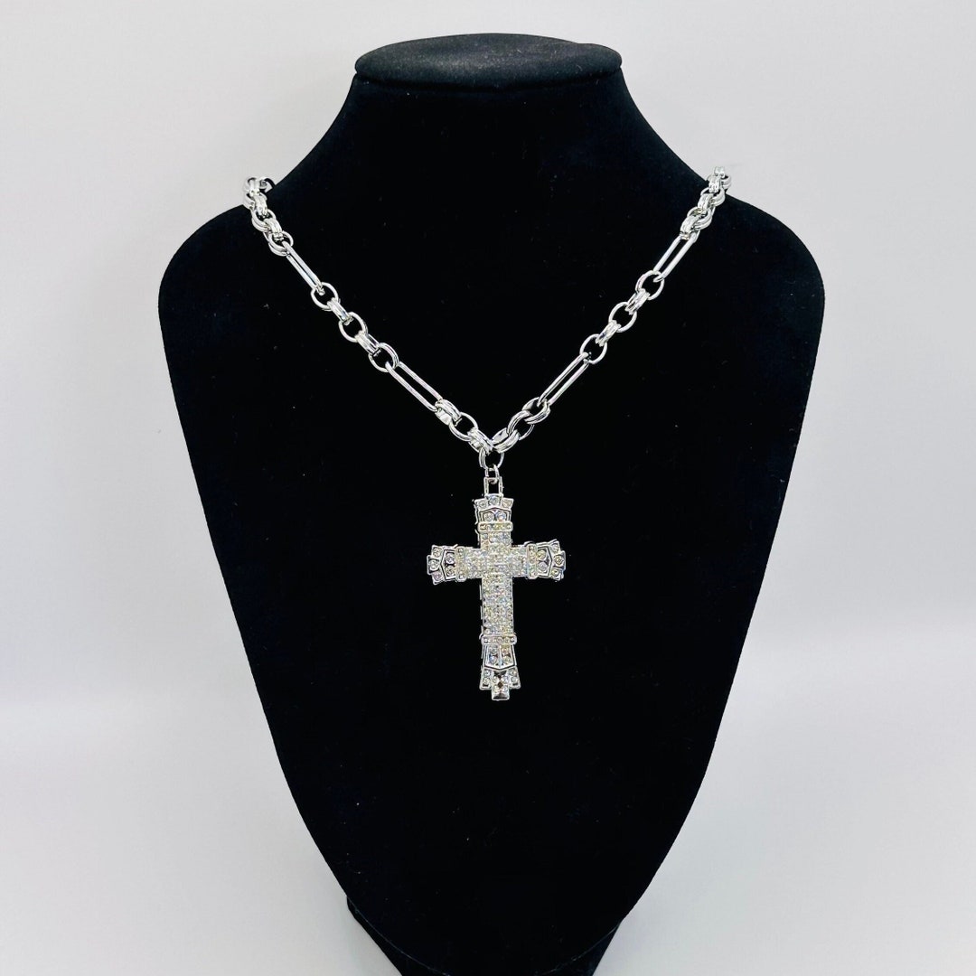 Silver Chain Cross Necklace, Stainless Steel Chain Link Necklace