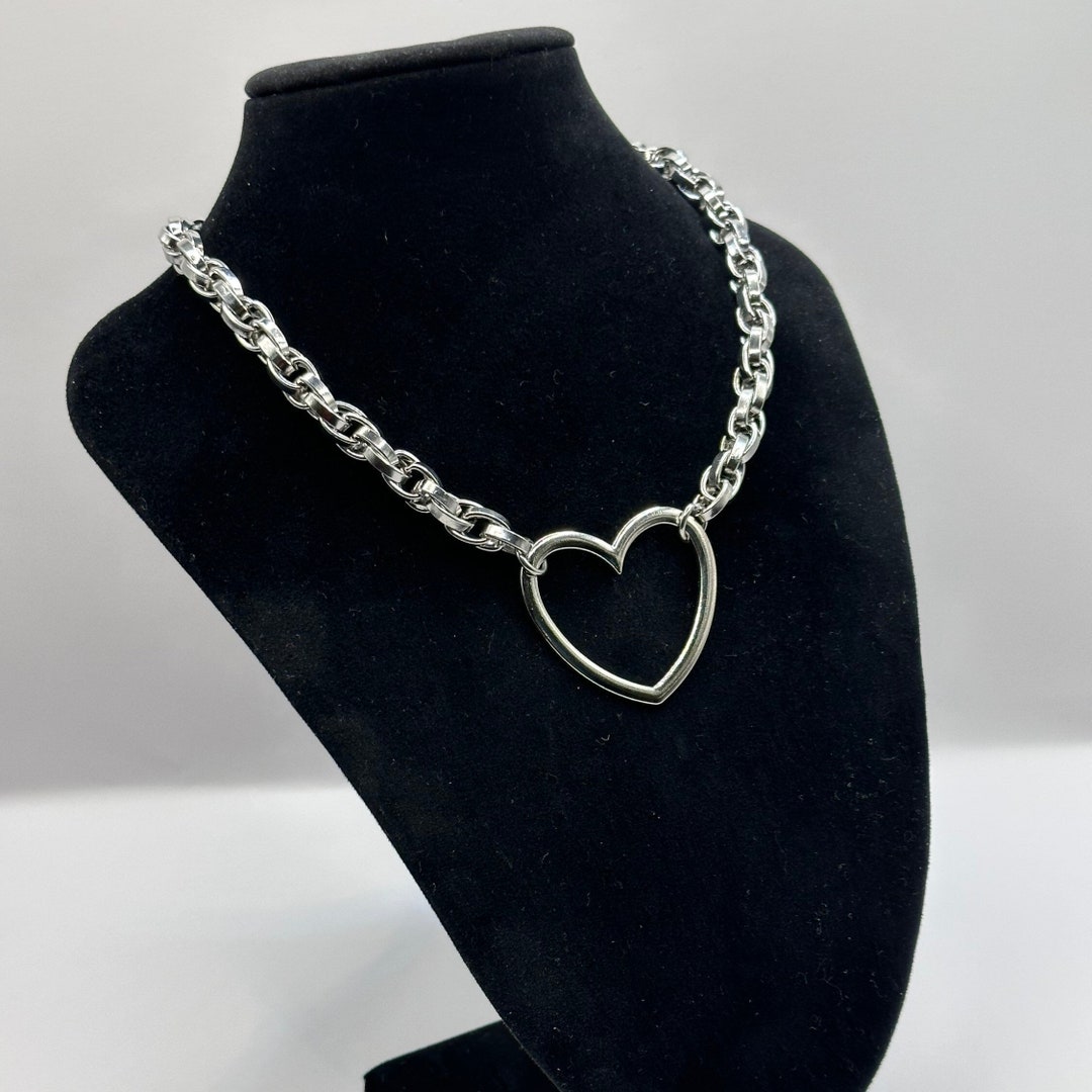 Chunky Heart Necklace, Big Heart Charm Pendant Necklace, Chunky Chain Necklace, Stainless Steel ...