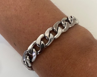 10mm Silver Curb Chain Bracelet, Chunky Chain Bracelet, Men Chain Link Bracelet, Stainless Steel Unisex Bracelet, Christmas Gift