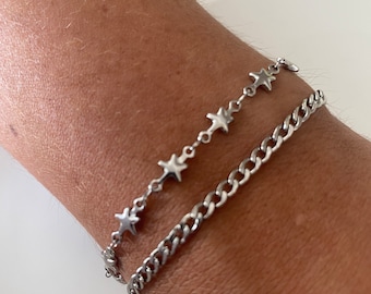 Star Chain Link Armband, 3mm RVS Cubaanse Curb Unisex Armband, Ster Armband, Punk Armband, Cadeau voor haar, Verjaardagscadeau voor hem